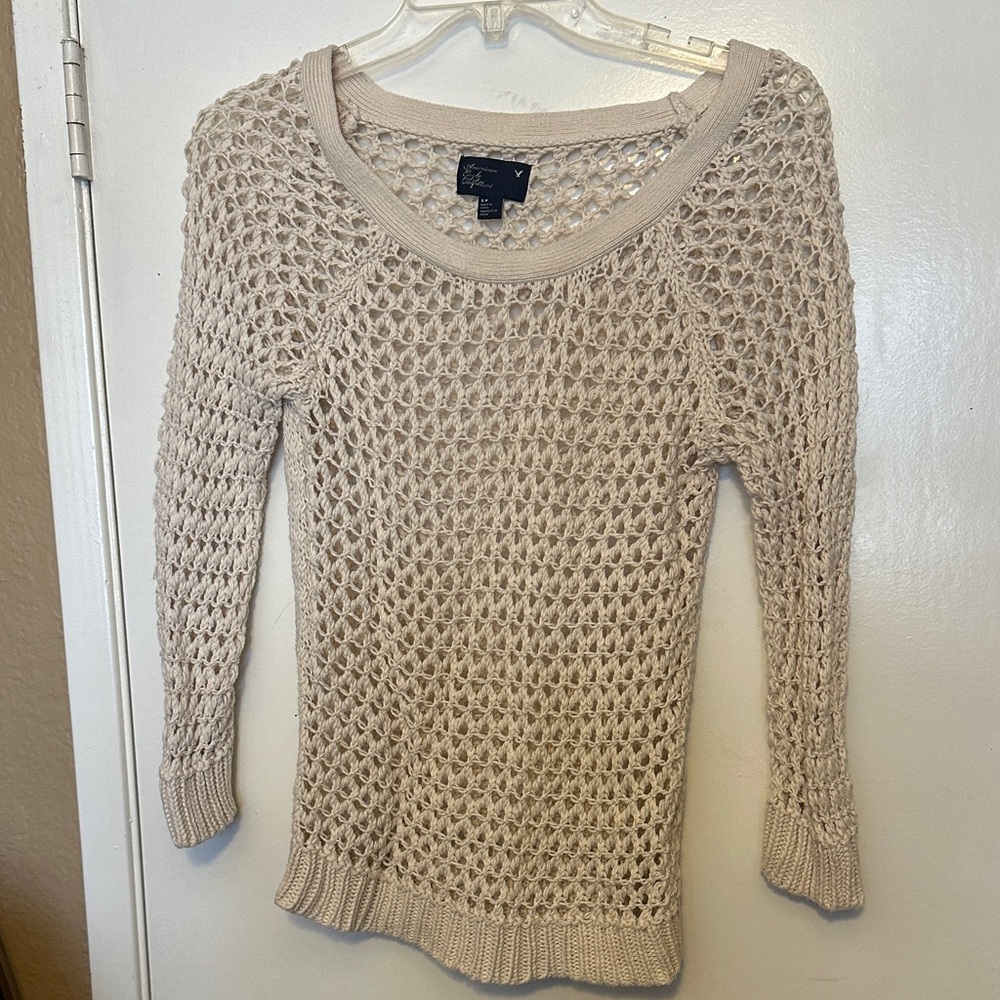 American Eagle Outfitters Open-Knit Scoop Neck Sweater in Beige
